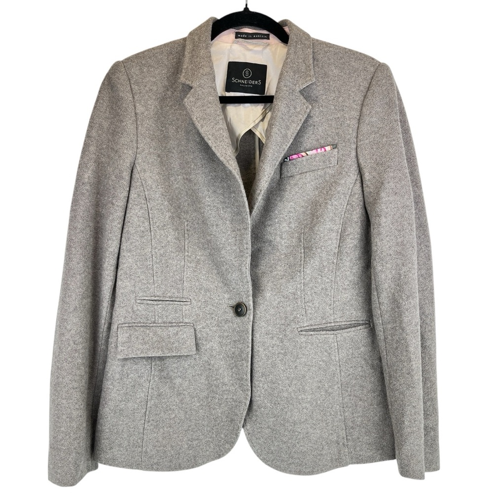 Schneiders Salzburg Blazer 100% Wool Floral Pocket Square Detail Taupe Sz 8